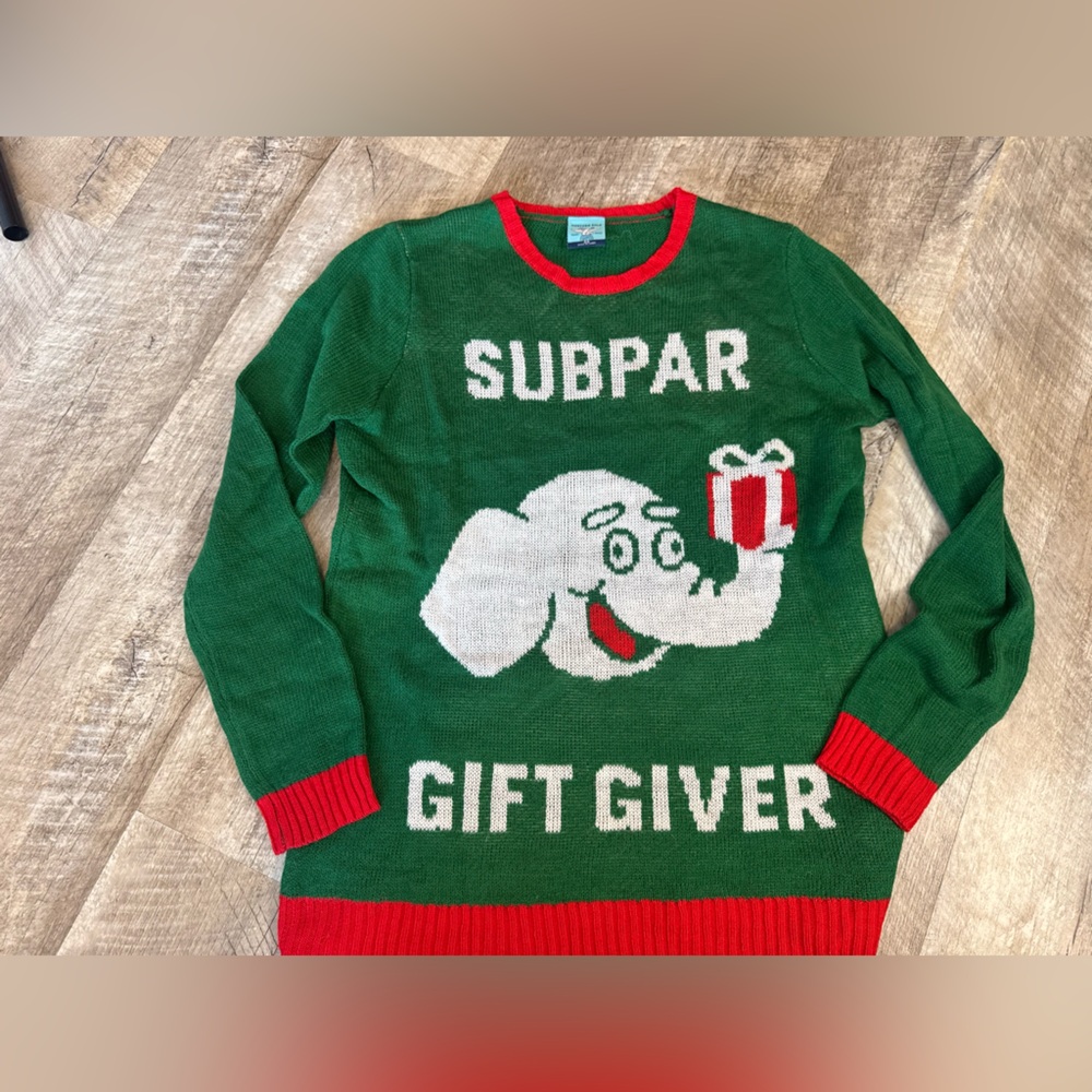 UGLY CHRISTMAS SWEATER size XS ‘Subpar Gift Giver’ green -elephant design